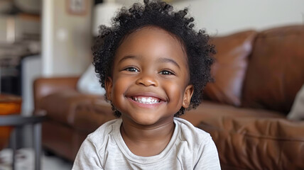 Naklejka premium A joyful boy is sitting on the floor and laughing with his head tilted