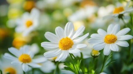 Obraz premium Close-up of white daisies with yellow centers in a field.