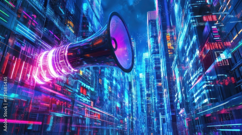 Poster futuristic cityscape with neon lights and loudspeaker in abstract environment featuring high-tech vi