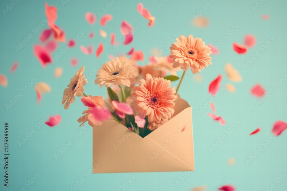Poster floral arrangement in an envelope with petals falling around in a vibrant setting. generative ai