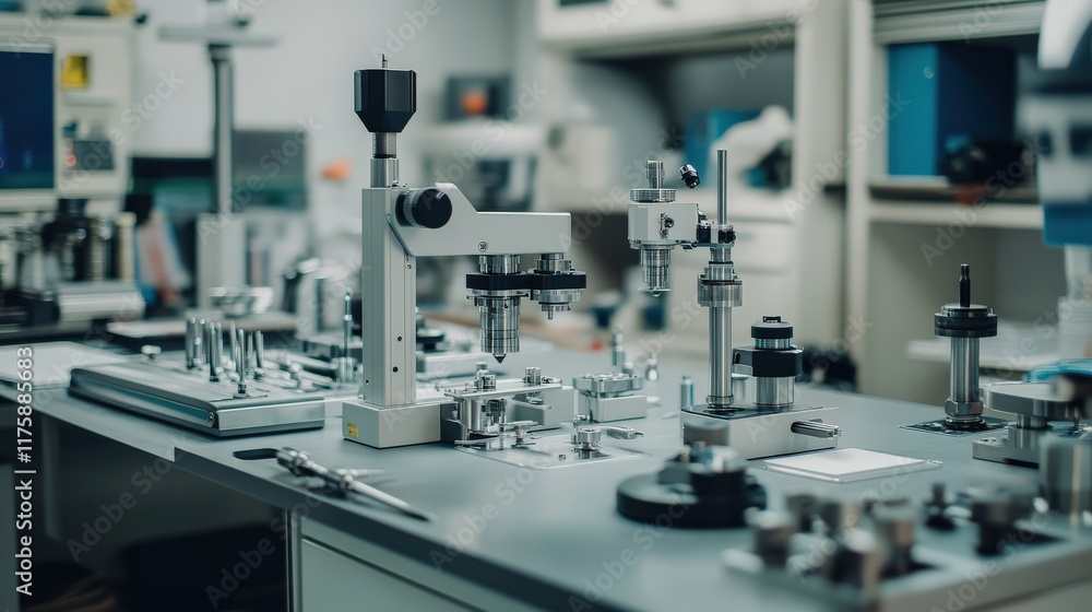 Poster high-tech laboratory workspace featuring precision tools and instruments for scientific research and