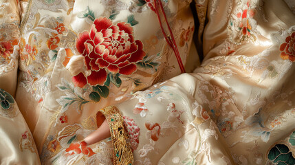 Chinese silk garments with floral embroidery, jade hairpins, and gold bracelets, set against a soft backdrop with subtle lighting.