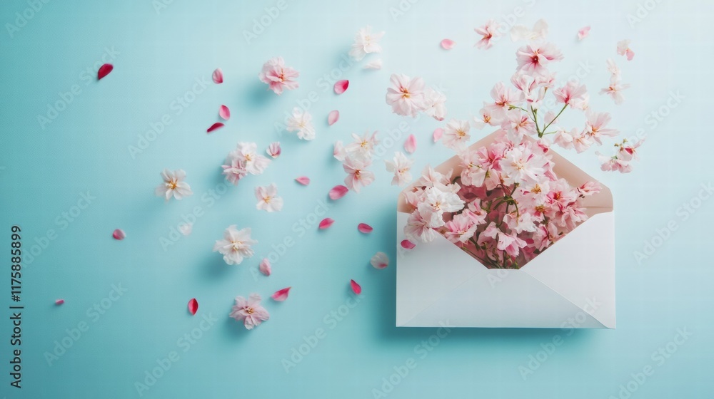 Aufkleber Beautiful pink flowers in an envelope with petals scattered on a soft blue background during spring season. Generative AI