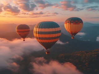 Obraz premium Majestic Hot Air Balloons Gracefully Soaring Above Misty Mountains at Sunrise: Wide Shot Photo. AI Generated