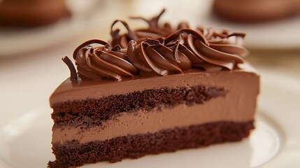 A close-up of a slice of chocolate marquise cake, with a smooth and velvety texture and chocolate curls