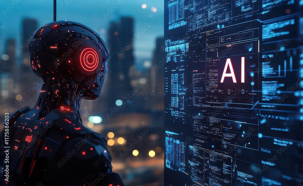 Poster ai robot observing futuristic cityscape data screen.