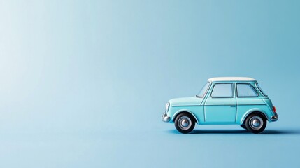 Light blue vintage toy car on a light blue background.