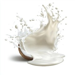 A dynamic splash of coconut milk captured in mid-air, surrounded by a coconut shell.