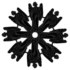 Round star shape geometrical mandala with vintage angels. Art Nouveau style. Black and white silhouette.
