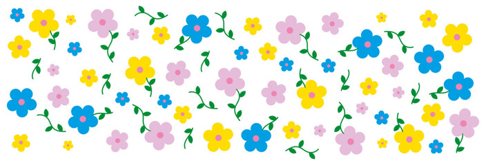 Vibrant floral seamless pattern with colorful flowers. Cheerful decorative vector design with blue, yellow, and pink blossoms. Perfect for spring-themed backgrounds and projects