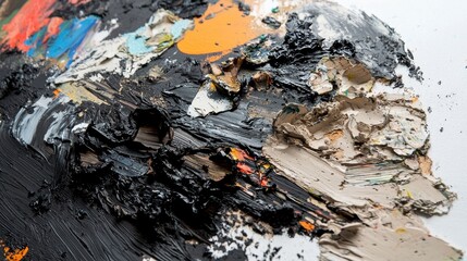 Obraz premium Close-up of a textured abstract oil painting with vibrant and neutral tones blending together.