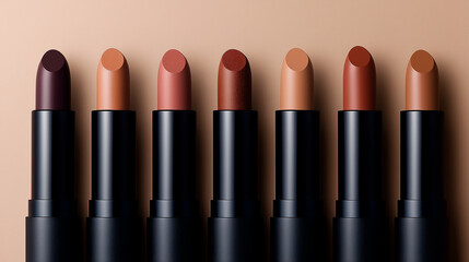 Obraz premium A collection of matte lipstick tubes in a Mocha Mousse-color. Each featuring neutral and earthy tones. Copy space.