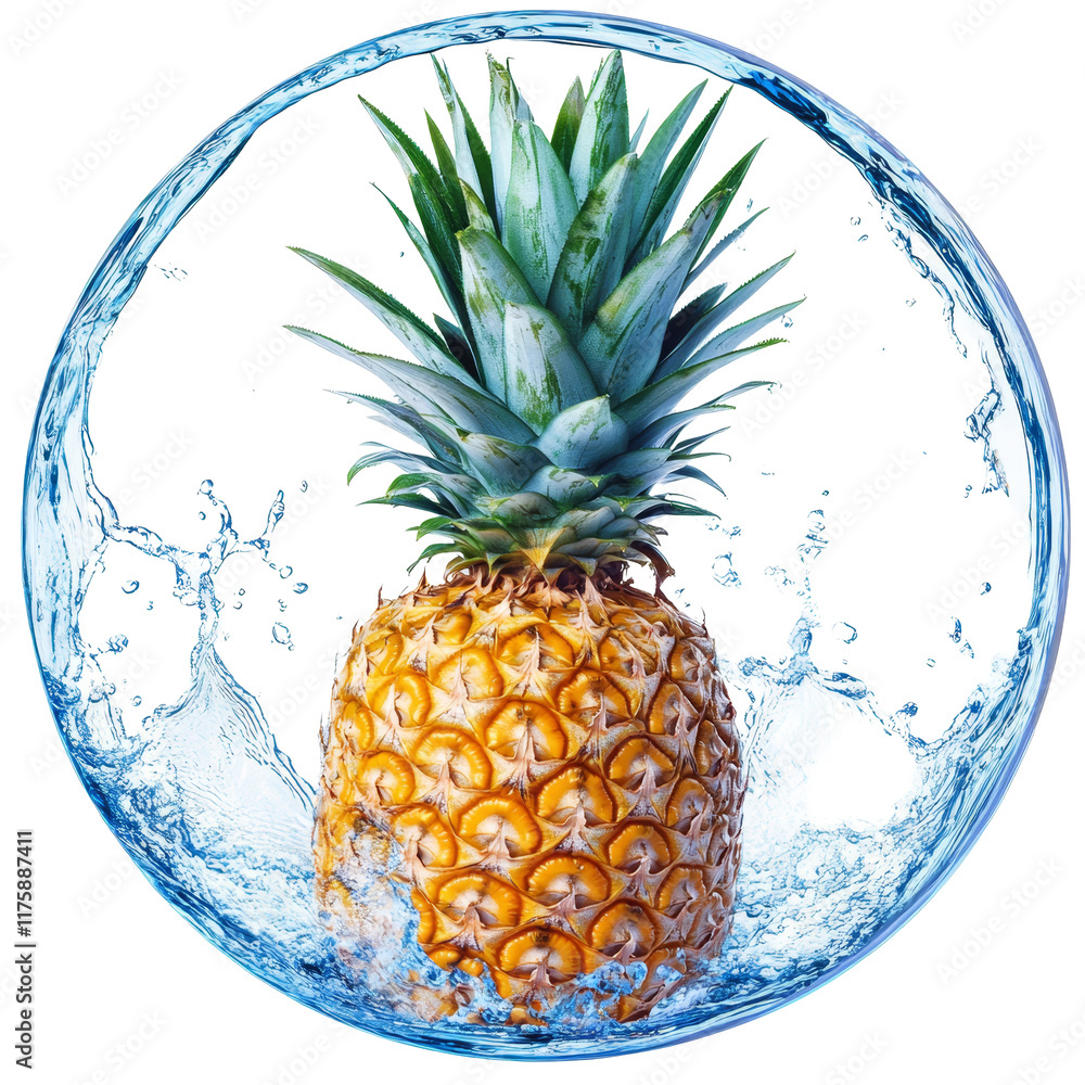 Poster fresh pineapple surrounded by a splash of water contained in a circular shape for a vibrant and refr