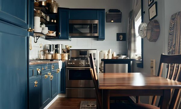 Cozy Modern Kitchen with Deep Blue Cabinets, Stainless Steel Appliances, Wooden Dining Table, and Natural Light Creating a Warm, Functional, and Stylish Cooking and Eating Space
