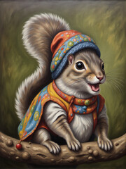 A whimsical and colorful illustration of a cheerful squirrel wearing a hat and a vibrant cape, perched on a branch.