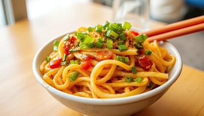 Spicy Noodles Dish, Restaurant Table, Close-up, Lunch