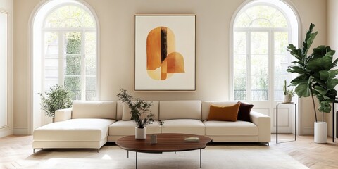 Fototapeta premium Modern minimalist living room, arched windows, natural light, beige sectional sofa, abstract circular artwork, wooden floors, potted plants, neutral color palette, spacious interior, clean lines, cozy