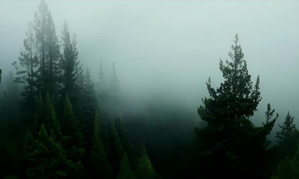 Dense Forest Covered in Thick Morning Fog with Pine Trees Creating a Peaceful and Mysterious Natural Atmosphere