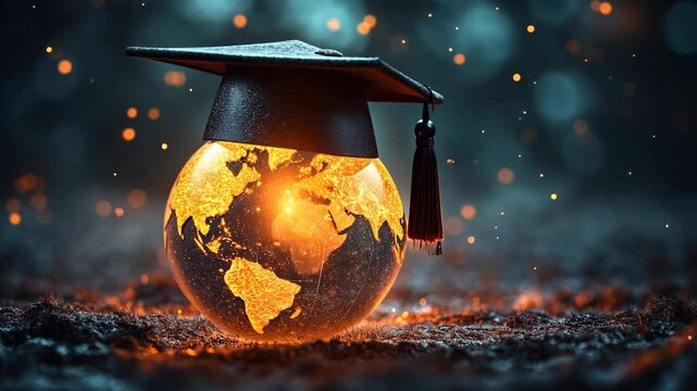  Illuminated globe in graduation cap with glowing continents, blue and orange tones, symbolizing education and global learning, perfect for International Day of Education or final exam themes
