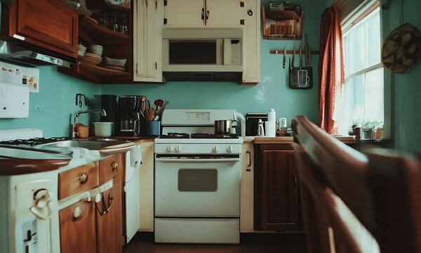Cozy Vintage Kitchen Interior with Rustic Wooden Cabinets, Retro Appliances, and Warm Ambient Lighting in a Nostalgic Home Setting