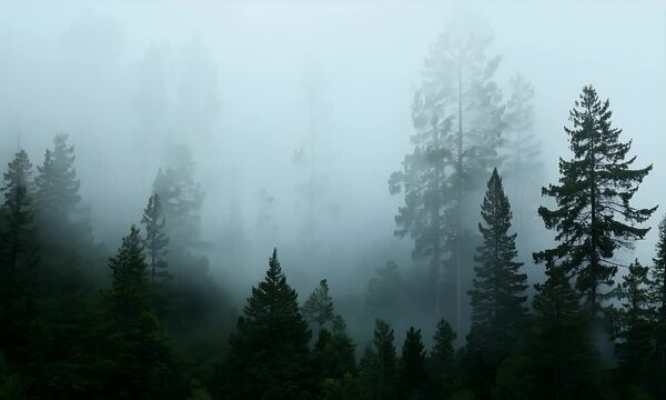 Misty Forest Scene with Tall Pine Trees Shrouded in Fog Creating a Serene and Mysterious Atmosphere