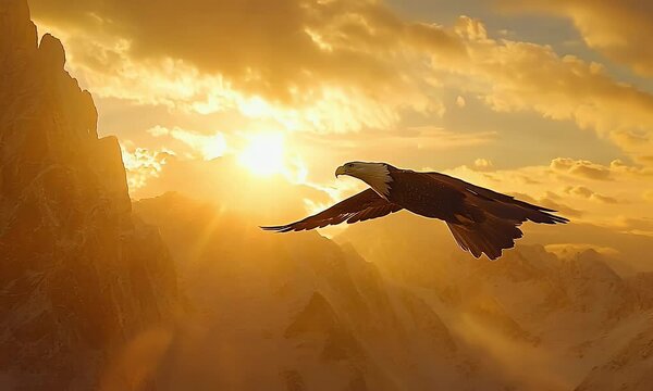 Majestic Eagle Soaring Through Golden Sunset Skies Above Mountain Peaks in Serene Wilderness