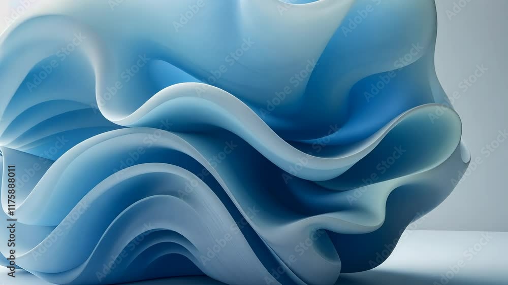Poster abstract blue sculpture with flowing curves sits against a light background in a minimalistic settin