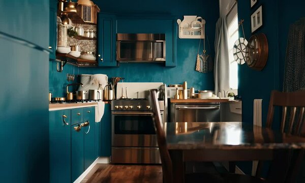 Charming Kitchen Interior with Deep Blue Cabinets, Wooden Accents, and Sunlight Streaming Through a Window, Creating a Cozy and Modern Rustic Atmosphere