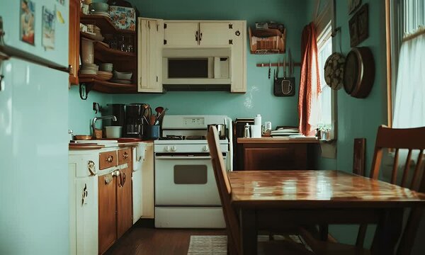 Cozy Vintage Kitchen with Retro Cabinets, Wooden Table, and Natural Light Streaming Through the Window, Highlighting Warmth and Nostalgic Charm