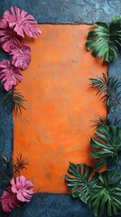 Vibrant Tropical Leaves on Textured Orange and Blue Background | Botanical D&Atilde;&copy;cor Ideas | Colorful Nature-Inspired Art for Interior Design and Decorations