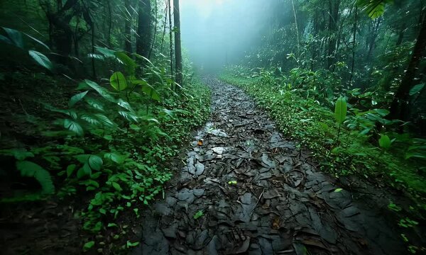 Misty Forest Path Surrounded by Lush Greenery and Dense Vegetation, Creating a Serene and Mysterious Atmosphere in a Peaceful Nature Setting