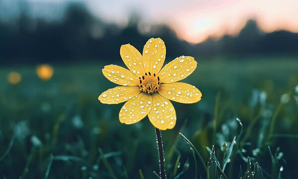 Close-Up of a Dew-Covered Yellow Flower Blooming in a Vibrant Green Field at Sunrise, Highlighting Nature&rsquo;s Beauty and Fresh Morning Atmosphere