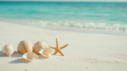 Beautiful seashells and starfish are laying on the pristine white sand of a tropical beach, with gentle waves lapping in the background, creating a serene and idyllic vacation scene