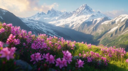 Vibrant pink flowers bloom in a lush alpine meadow, with majestic snow-capped mountains in the background under a clear sky.