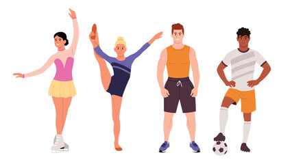 Vector illustration of a group of athletes. Cartoon scene of young, slender boys and girls athletes: girl figure skater, gymnast, pumped up guy, football player with ball isolated on white background.