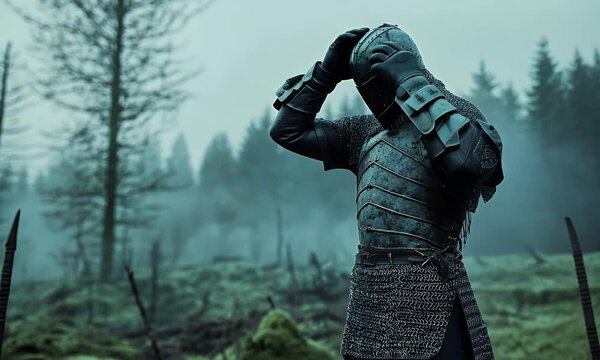 Medieval Armored Knight Adjusting Helmet in a Misty Forest, Evoking Themes of Battle Preparation, Historical Warfare, and Atmospheric Cinematic Mood