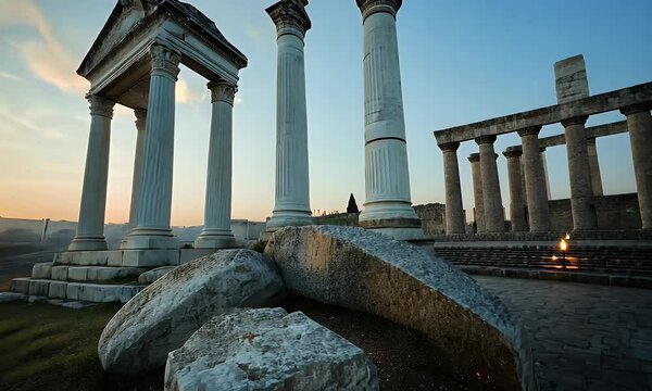 Ancient Ruins with Majestic Marble Columns and Weathered Stone Structures at Sunset, Showcasing Timeless Classical Architecture and Historic Heritage