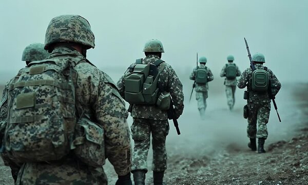 Group of Soldiers in Full Combat Gear Marching Through a Foggy Battlefield, Capturing Military Action, Teamwork, and the Grit of War in a Hazy Environment
