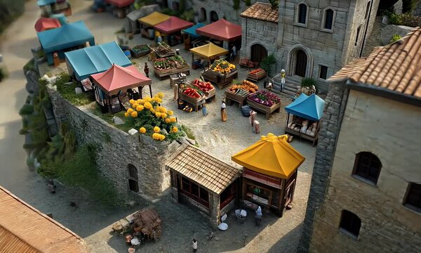 Colorful Medieval Market Scene in a Stone Courtyard with Vibrant Stalls Displaying Fresh Produce and Flowers, Surrounded by Historic Architecture and a Lively Atmosphere