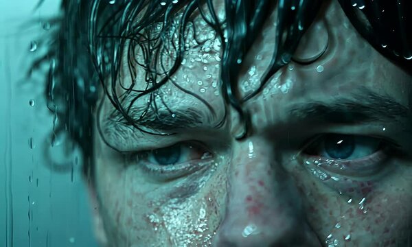 Intense Close-Up of a Wet and Determined Man's Eyes with Droplets of Sweat Under Moody Lighting, Conveying Struggle, Focus, and Emotional Depth