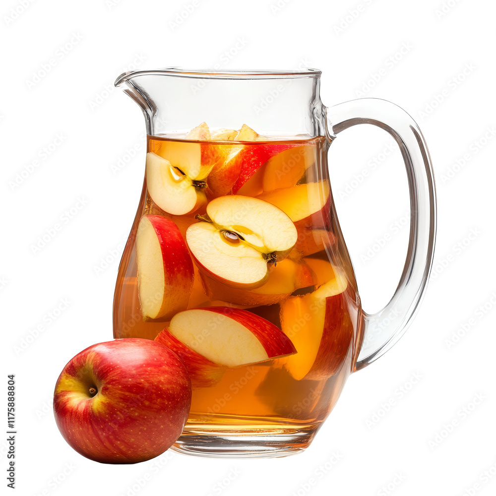 Poster refreshing apple juice pitcher with fresh apple slices isolated on transparent background, apple jui