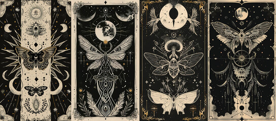 set of illustrations of tarot cards, the theme of isoterics and fortune telling	
