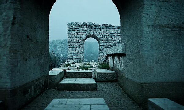 Ancient Stone Ruins Framed by an Archway in a Foggy Atmosphere, Highlighting Historic Architecture, Weathered Stonework, and a Mysterious, Timeless Setting