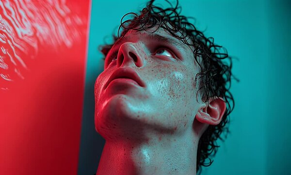 Close-Up of a Young Man with Wet Hair Gazing Upward Under Neon Red and Blue Lighting, Conveying Intensity, Reflection, and a Dramatic Cinematic Mood