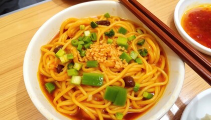 Bowl of Spicy Noodles with Chopped Green Onions and Chili Oil