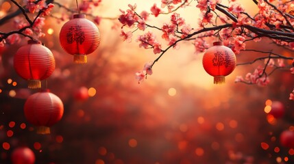 Fototapeta premium Red Lanterns and Blossoms at Sunset