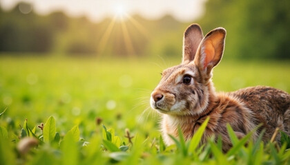 Curious hare gazing in tall grass at sunset, nature's beauty