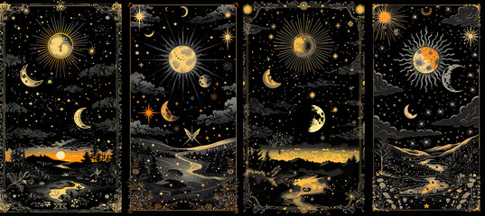 set of illustrations of tarot cards, the theme of isoterics and fortune telling	
