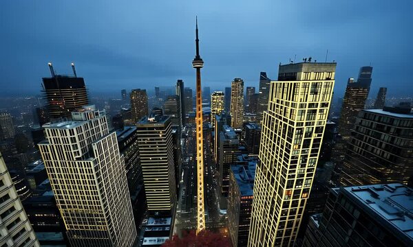 Iconic Tower Rising Amidst Modern Skyscrapers in a Vibrant Urban Skyline at Twilight with a Cloudy Blue Sky and Illuminated Cityscape
