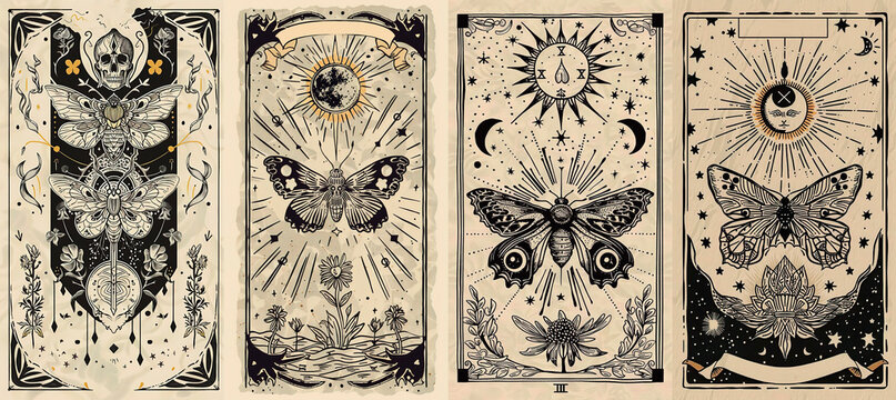 set of illustrations of tarot cards, the theme of isoterics and fortune telling	

